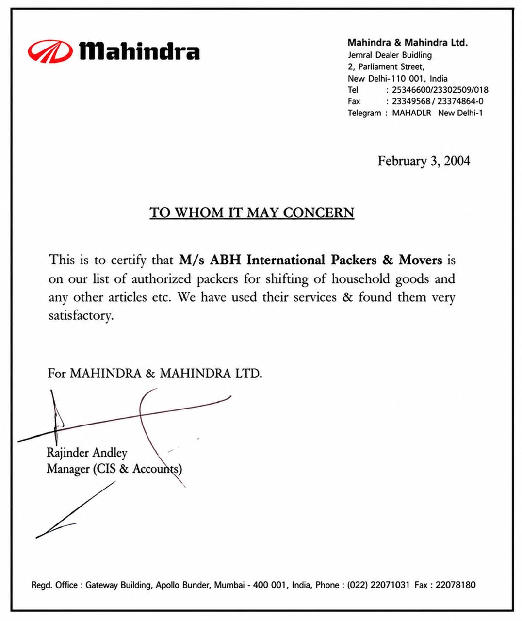 Mahindra & Mahindra Certificate