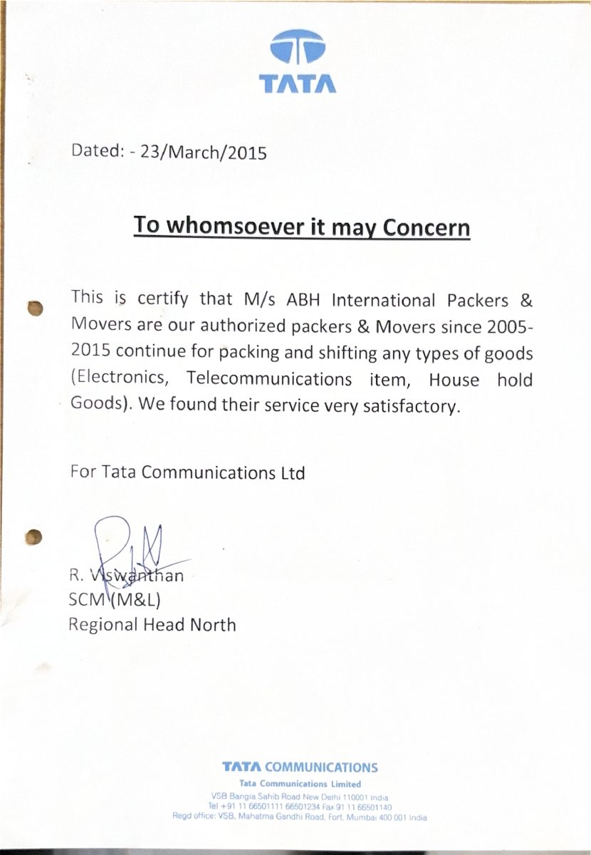 Tata Communications Certificate 2015