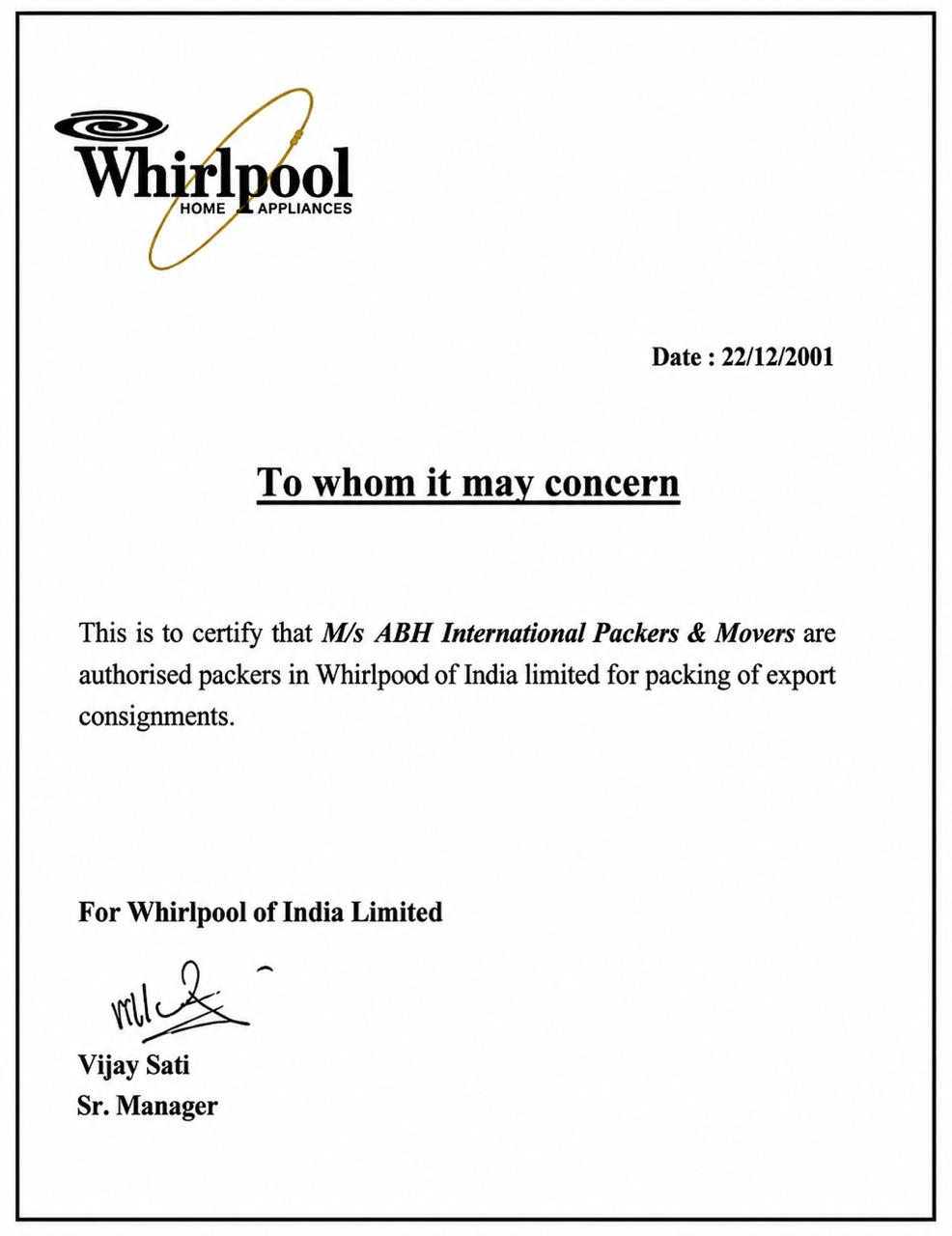 Whirlpool India Certificate
